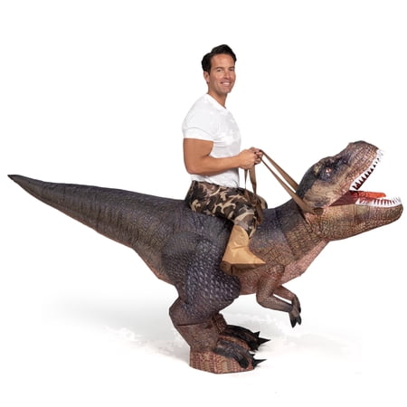 Joyfy Adult Inflatable Dinosaur Costume with LED Light Up Eyes, Brown Digital Print Blow Up Ride-On T-Rex Dinosaur Costume for Halloween Party and Cosplay