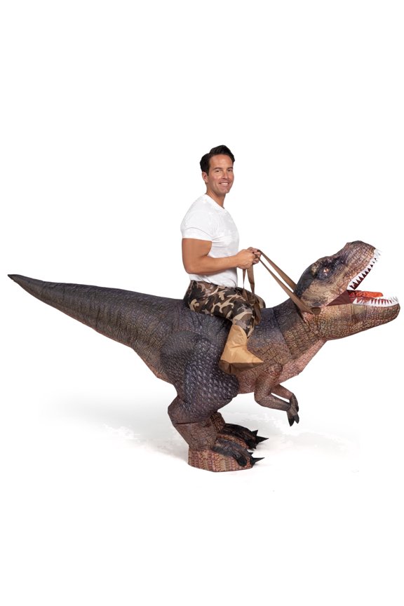 Adult Inflatable Dinosaur Costume with LED Light Up Eyes, Brown Digital Print Blow Up Ride-On T-Rex Dinosaur Costume for Halloween Party and Cosplay