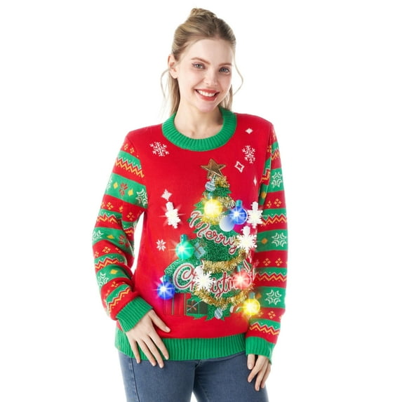 Joyfy LED Light Up Ugly Christmas Sweaters Women Men Couples, Ugly Christmas Sweater with Light Bulbs, Xmas Tree Holiday Sweater, Crewneck Long Sleeve Knitted Pullovers 2025(Red)