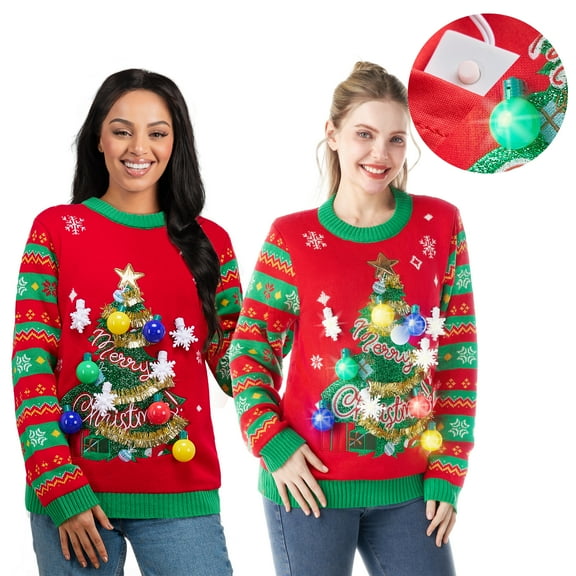 Joyfy Ugly Christmas Sweater Women, Led Light Up Ugly Sweater, Men Couples Women's Christmas Sweater with Light Bulbs, Christmas Tree Holiday Sweaters, Cute Funny Xmas Crewneck Knitted Pullovers,L