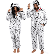 Joyfy Adults Unisex Dalmatian Pajama Costume, Plush Hooded Jumpsuit with Tail for Halloween Party and Role Play