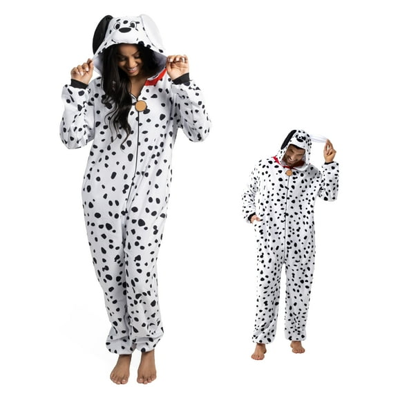 Joyfy Unisex Adult Dalmatian Plush Pajamas with Hood and Tail, Great for Halloween Role Play, Halloween Party Costume