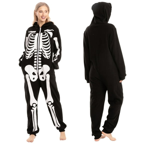 Joyfy Unisex Adult Skeleton Jumpsuit Pajama Zippered Halloween Hoody Sleepwear Costume Black