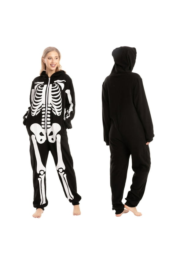 Unisex Adult Skeleton Jumpsuit Pajama Zippered Halloween Hoody Sleepwear Costume Black