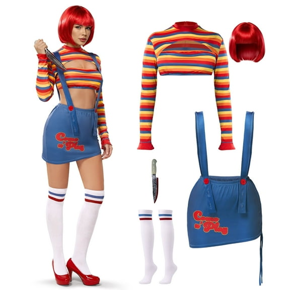 Joyfy Women Killer Doll Costume, Adult Creepy Doll Costume Scary Nightmare Killer Doll Dress for Halloween Costume Party Cosplay