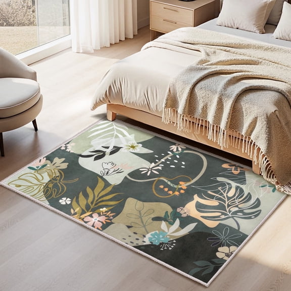 Joyfy Washable Floral Area Rug 3'x5' Non-Slip Soft Carpet with Rubber Backing for Living Room, Bedroom, Dining Room, Kids Nursery and Bedside Indoor Use (Olive-Green)