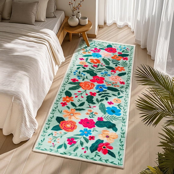 Joyfy Washable Floral Area Rug Non-Slip Soft Carpet with Rubber Backing for Living Room, Bedroom, Dining Room, Kids Nursery and Bedside Indoor Use