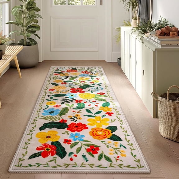 Joyfy Washable Hallway Runner Rug 2x6 Non-Slip, Boho Floral Kitchen Rug with Rubber Backing for Entryway, Laundry, Bedroom - Soft Indoor Carpet (Beige)