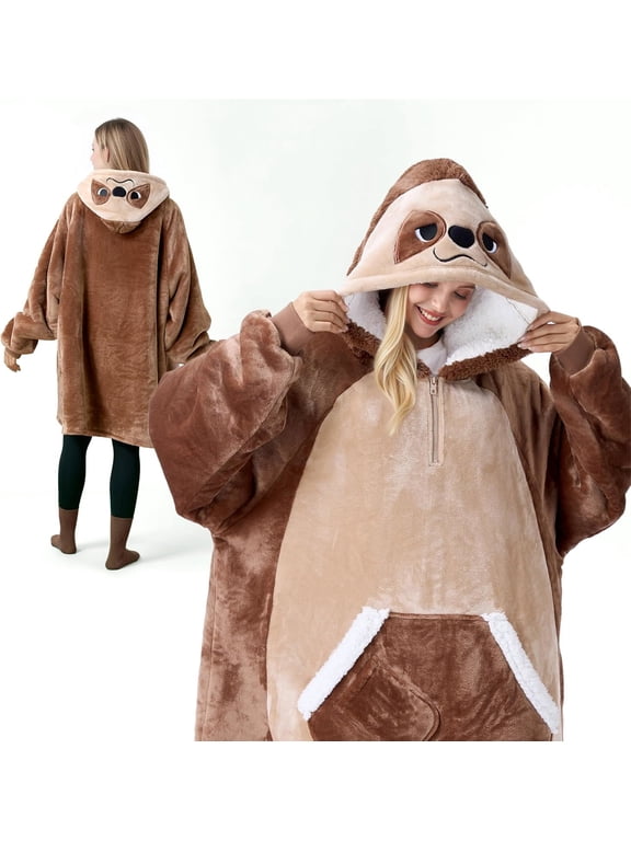 Wearable Blanket Hoodie for Adults, Giggling Getup Oversized Sherpa Fleece Hoodie with Giant Pocket & Sleeves, Warm Cozy Gift for Women & Men, Brown Sloth