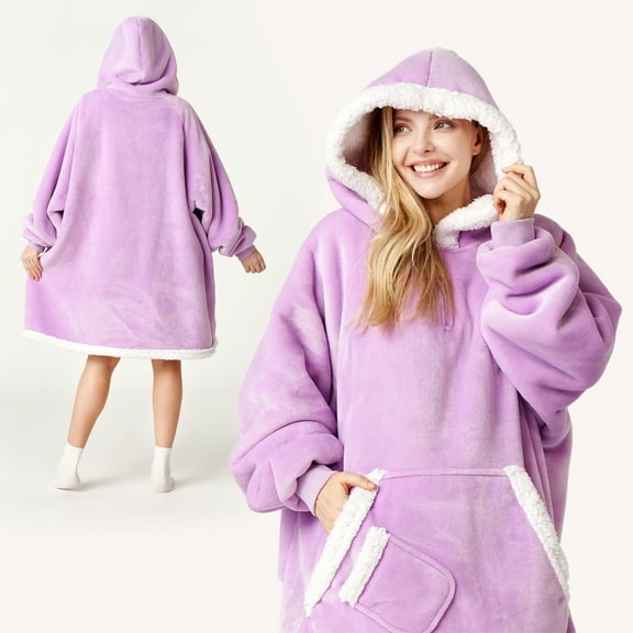 Joyfy Wearable Blanket Hoodie for Adults, Giggling Getup Sherpa Fleece Hooded Sweatshirt with Pocket & Sleeves, Cozy Gift for Women Men, Standard Bright Violet