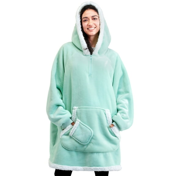 Joyfy Wearable Blanket Hoodie for Adults, Giggling Getup Sherpa Fleece Hooded Sweatshirt with Pocket & Sleeves, Cozy Gift for Women Men, Standard Light Green