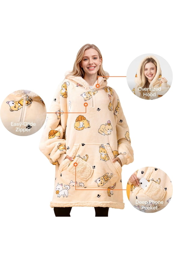 Wearable Blanket Hoodie for Adults, Giggling Getup Sherpa Fleece Hooded Sweatshirt with Pocket & Sleeves, Warm Cozy Printed Gift for Women & Teens Beige Cat