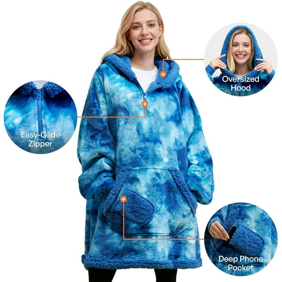 Joyfy Wearable Blanket Hoodie for Adults, Giggling Getup Sherpa Fleece Hooded Sweatshirt with Pocket & Sleeves, Warm Cozy Printed Gift for Women & Teens Dark Blue Tie Dye