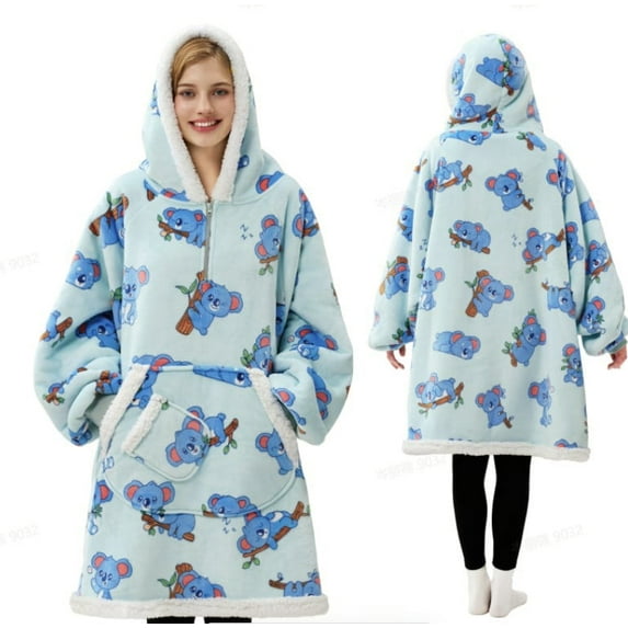 Joyfy Wearable Blanket Hoodie for Adults, Giggling Getup Sherpa Fleece Hooded Sweatshirt with Pocket & Sleeves, Warm Cozy Printed Gift for Women & Teens,Standard Sky Blue Koala