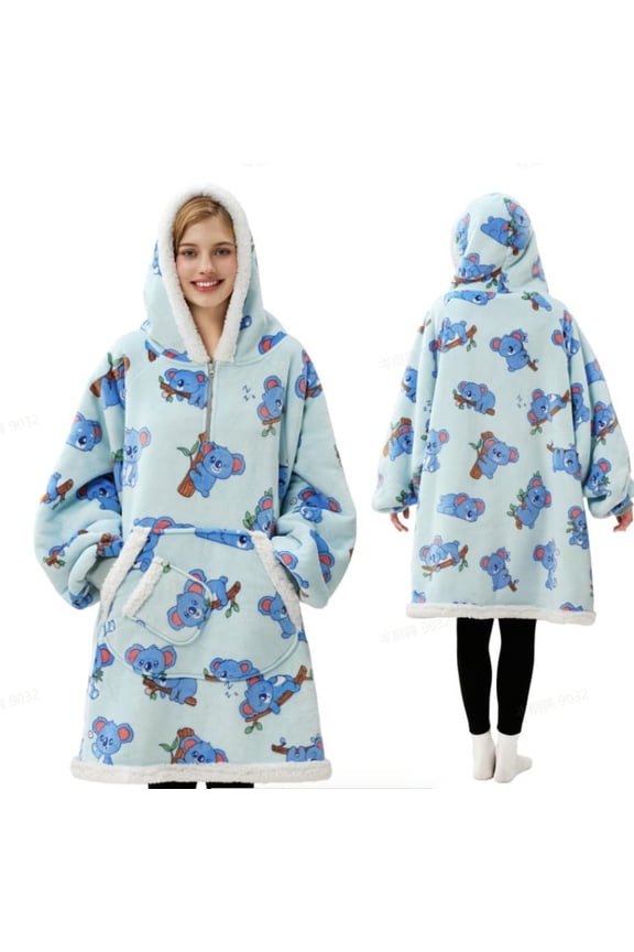 Wearable Blanket Hoodie for Adults, Giggling Getup Sherpa Fleece Hooded Sweatshirt with Pocket & Sleeves, Warm Cozy Printed Gift for Women & Teens,Standard Sky Blue Koala