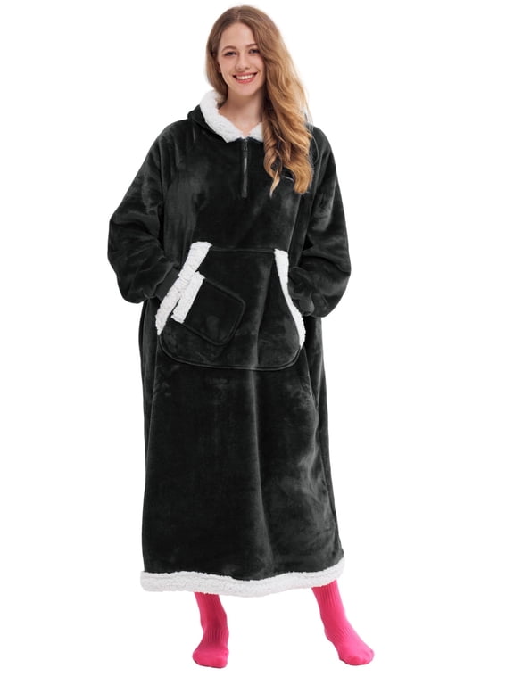 Wearable Blanket Hoodie, Long Hooded Blanket Sweatshirt, Oversize Hoodie for Women and Men,Clothing Gift for Women Men Mom Dad,Giant Hood Pocket and Sleeves for Adult(Black,Regular)