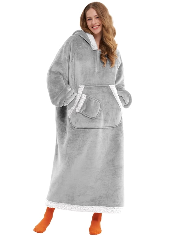 Wearable Blanket Hoodie, Long Hooded Blanket Sweatshirt, Oversize Hoodie for Women and Men,Clothing Gift for Women Men Mom Dad,Giant Hood Pocket and Sleeves for Adult(Grey,Regular)