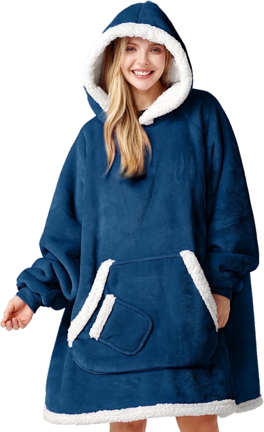 Joyfy Wearable Blanket Hoodie,Oversize Hoodie Fleece Sweatshirt Wearable Blanket for Women and Men,Clothing Gift for Women Men Mom Dad,Giant Hood Pocket and Sleeves for Adult(Nevy,Standard )