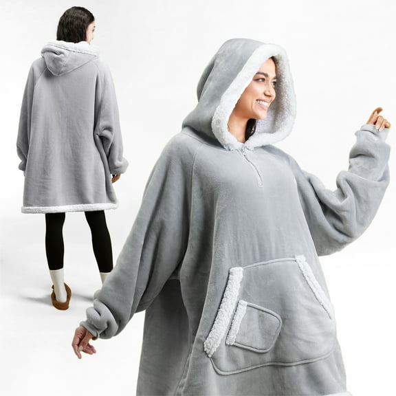 Joyfy Wearable Blanket Hoodie for Adults, Giggling Getup Sherpa Fleece Hooded Sweatshirt with Pocket & Sleeves, Cozy Gift for Women & Men, Small Gray