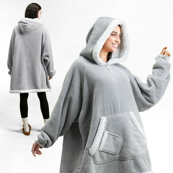 Joyfy Wearable Blanket Hoodie for Adults, Giggling Getup Sherpa Fleece Hooded Sweatshirt with Pocket & Sleeves, Cozy Gift for Women & Men, Small Gray