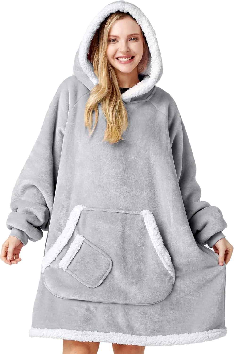 Joyfy Wearable Blanket Hoodie,Oversize Hoodie Fleece Sweatshirt Wearable Blanket for Women and Men,Clothing Gift for Women Men Mom Dad,Giant Hood Pocket and Sleeves for Adult(Grey,Oversize)