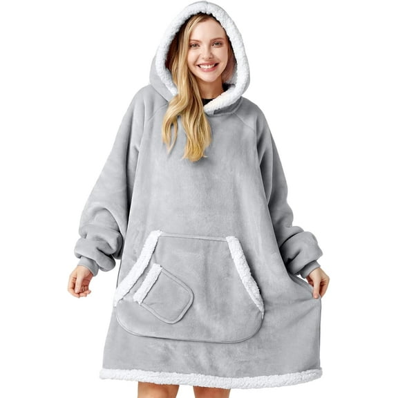 Joyfy Wearable Blanket Hoodie,Oversize Hoodie Fleece Sweatshirt Wearable Blanket for Women and Men,Clothing Gift for Women Men Mom Dad,Giant Hood Pocket and Sleeves for Adult(Grey,Oversize)