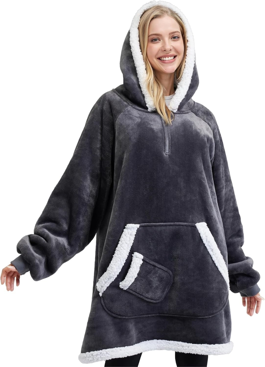 Joyfy Wearable Blanket Hoodie,Oversized Hoodie Fleece Sweatshirt Wearable Blanket for Women and Men,Clothing Gift for Women Men Mom Dad,Giant Hood Pocket and Sleeves for Adult(Dark Grey,Standard)