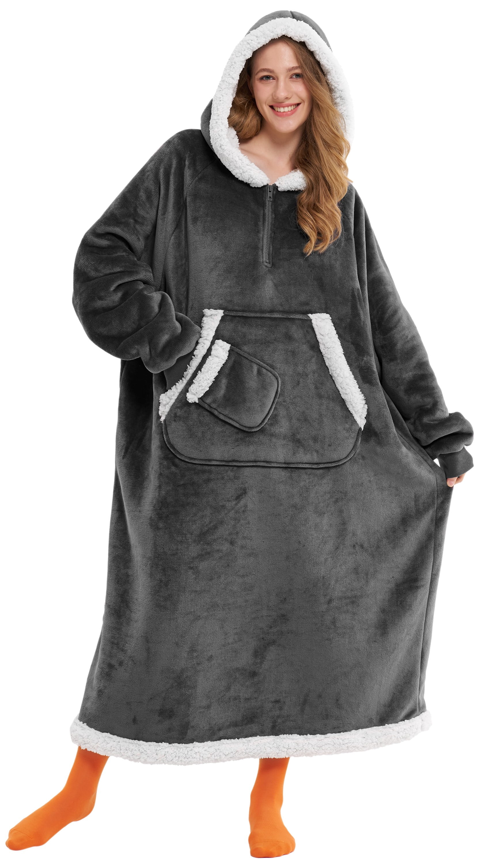 Joyfy Wearable Blanket Hoodie, Long Hooded Blanket Sweatshirt, Oversize Hoodie for Women and Men,Clothing Gift for Women Men Mom Dad,Giant Hood Pocket and Sleeves for Adult(Dark Grey,Oversize)