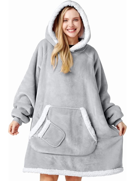 Wearable Blanket Hoodie,Oversize Hoodie Fleece Sweatshirt Wearable Blanket for Women and Men,Clothing Gift for Women Men Mom Dad,Giant Hood Pocket and Sleeves for Adult(Grey,Standard )