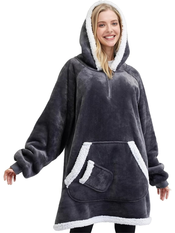 Wearable Blanket Hoodie,Oversize Hoodie Fleece Sweatshirt Wearable Blanket for Women and Men,Clothing Gift for Women Men Mom Dad,Giant Hood Pocket and Sleeves for Adult(Dark Grey,Oversize)