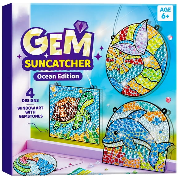 Joyfy 4-Piece Sea Creature Suncatcher Art & Craft Kit, Creative Window Gem Painting for Kids Ages 6-12