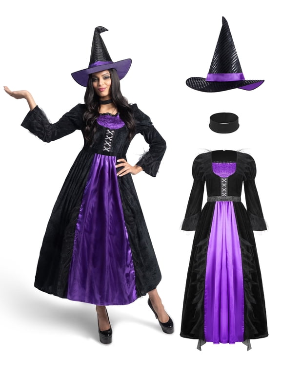 Witch Costume for Women, Starry Witch Dress with Belt Hat for Adult Halloween Party Cosplay Dress up