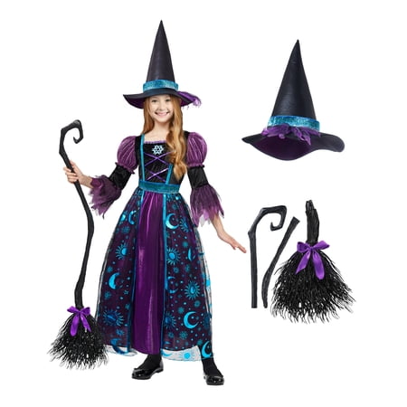 Joyfy Witch Costume for Girls, Halloween Witch Dress with Broom Hat Outfits, Kids Moon Shimmer Witch Costume Set for Wizard Role Play Themed Parties
