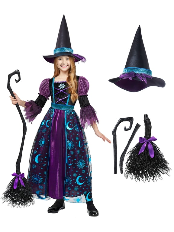 Witch Costume for Girls, Halloween Witch Dress with Broom Hat Outfits, Kids Moon Shimmer Witch Costume Set for Wizard Role Play Themed Parties