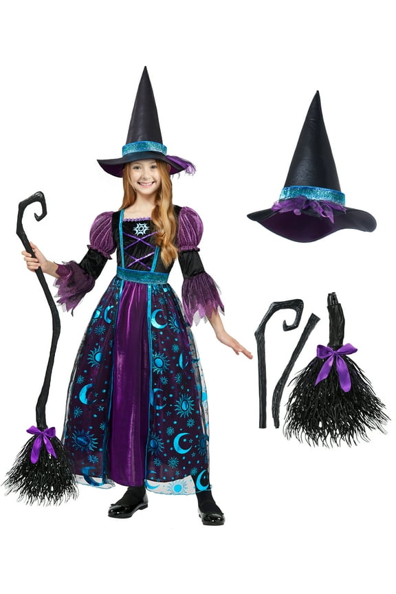 Witch Costume for Girls, Halloween Witch Dress with Broom Hat Outfits, Kids Moon Shimmer Witch Costume Set for Wizard Role Play Themed Parties