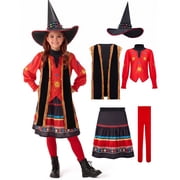 Joyfy Girls Red and Black Witch Costume Set, 5-Piece Halloween Outfit with Hat, Vest, Top, Skirt and Stockings for Kids Roleplay Parties