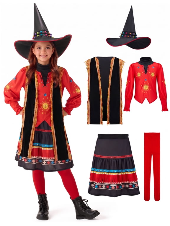 Girls' Red and Black Witch Costume Set, 5-Piece Halloween Outfit with Hat, Vest, Top, Skirt and Stockings for Kids Roleplay Parties