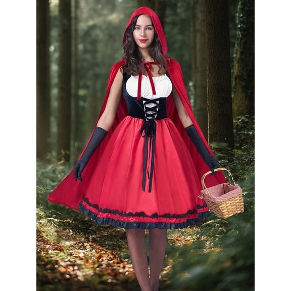 Joyfy Women Little Red Riding Hooded Costume with Dress, Cape and Gloves, Adult Women Halloween Costume for Halloween Party Cosplay