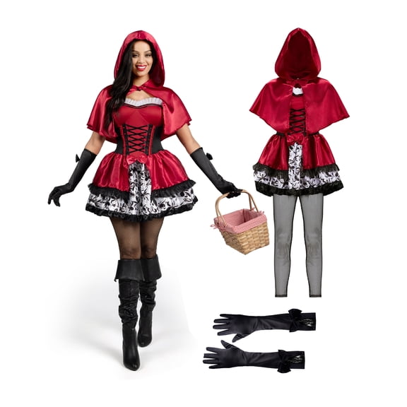 Joyfy Women Little Red Riding Hooded Costume with Dress, Cape and Gloves Outfits Set, Adult Women Halloween Costume for Halloween Themed Party Cosplay