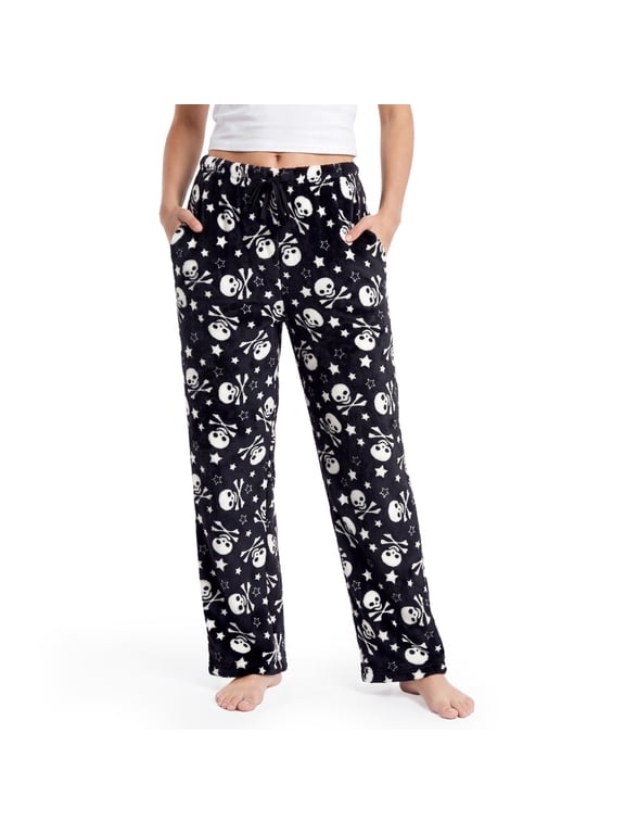 Halloween Pajama Pants Women Soft Flannel Fleece Bottoms Sleep & Lounge Pants with Pockets and Drawstring Black White Skull-M