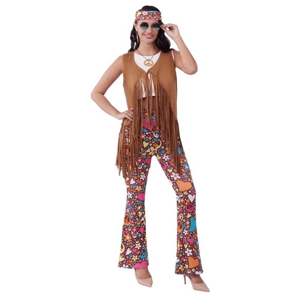 Joyfy Women's Hippie Costume Set 70s Retro Fringe Vest Pants with Accessories Outfits for Halloween Themed Party Dress up Cosplay