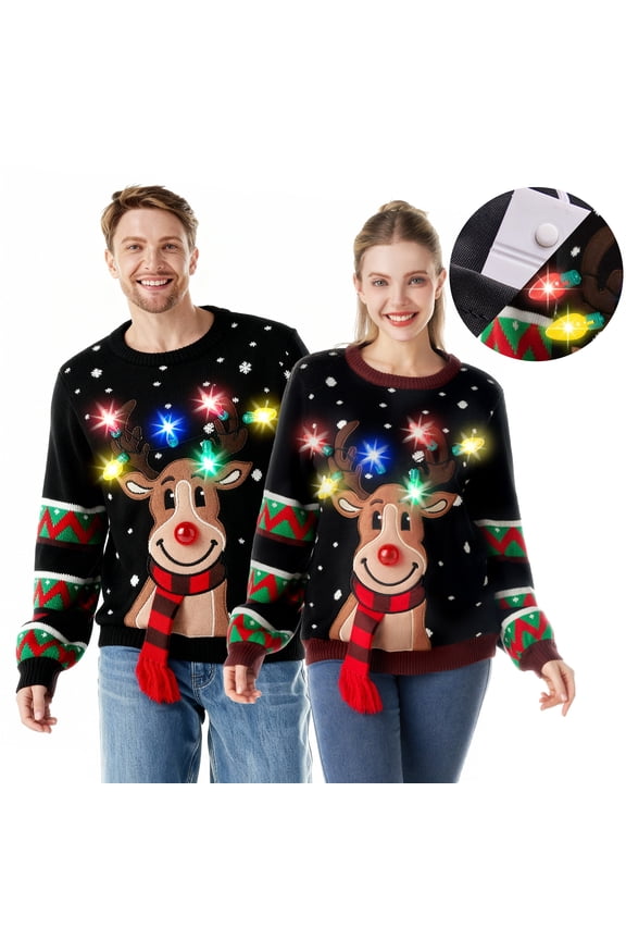 Ugly Christmas Sweater Women, Led Light Up Ugly Sweater, Men Couples Women's Christmas Sweater with Light Bulbs, Reindeer Holiday Sweaters, Cute Funny Xmas Crewneck Knitted Pullovers 2025,XL