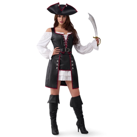 Joyfy Women's Pirate Costume, Adult Captain Outfit with Lace-Up Top & Mini Skirt Pirate Hat Belt for Halloween Themed Party Fancy-Dress Costume