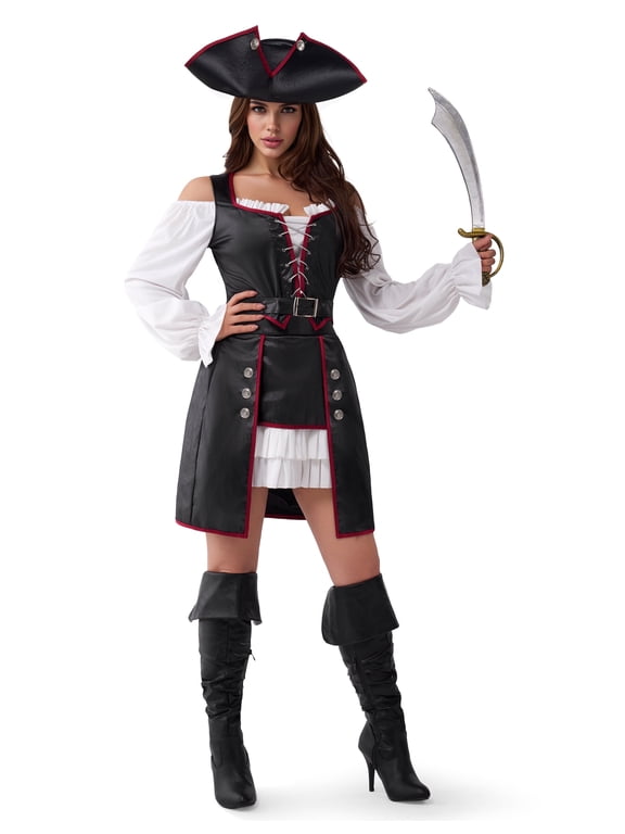 Women's Pirate Costume, Adult Captain Outfit with Lace-Up Top & Mini Skirt Pirate Hat Belt for Halloween Themed Party Fancy-Dress Costume