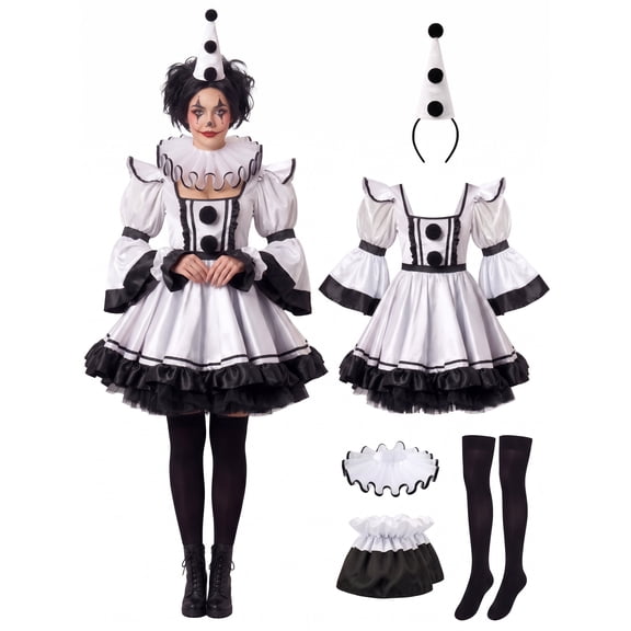 Joyfy Womens Clown Costume, Cream White Clown Dress with Headband Outfits, Halloween Scary Jester Costume for Adults Halloween Dress up Fancy Dress Cosplay Party