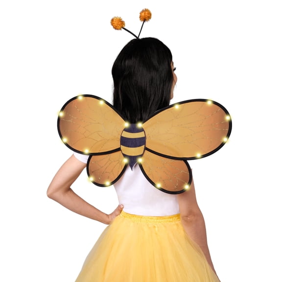 Joyfy 2 Pcs Yellow Bumble Bee Wings with Light Up, Bee Antenna Headband Set for Girls Halloween Animal Costume Cosplay Party