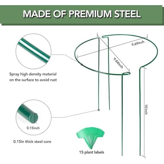 Joyhalo 12 Pack Plant Support Stakes, 16 Inch Plant Stakes for Outdoor Plants, Peony Cages and Supports, Peony Cage with 15 Pcs Twist Ties, Flower Stakes Peonies Support Cages for Plants