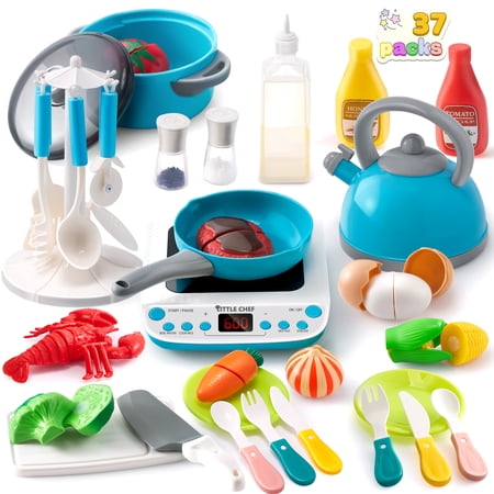 Joyfy Toy Food Set for Kids Kitchen, Pretend Play for Toddlers 1-3, Play Kitchen Appliances with Pots, Pans, Induction Cooker, Cutting Vegetables, Fake Food, Gift for Boys and Girls, Cooking Toy Set