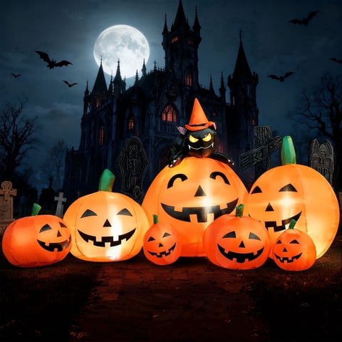 Joyfy 7 ft Halloween Inflatable Long Pumpkin with Witch's Cat Decorations Inflatables with Build-in LEDs,Halloween Decor Outdoor Blow Up Yard Decorations