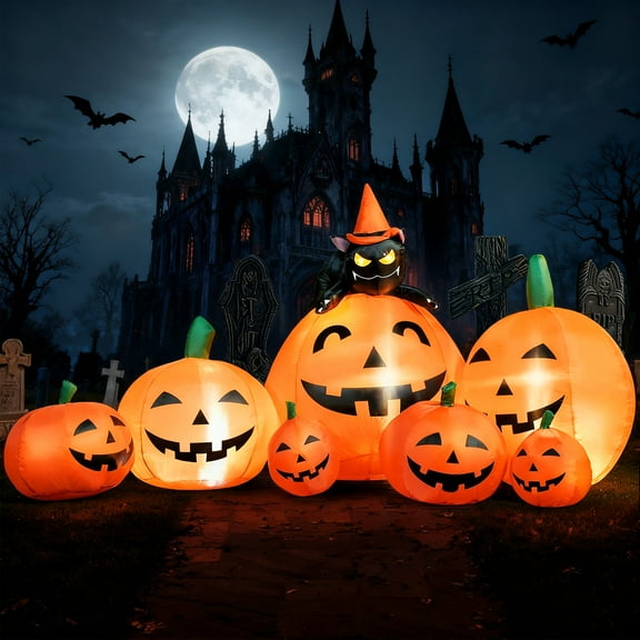 Joyfy 7 ft Halloween Inflatable Long Pumpkin with Witch's Cat Decorations Inflatables with Build-in LEDs,Halloween Decor Outdoor Blow Up Yard Decorations